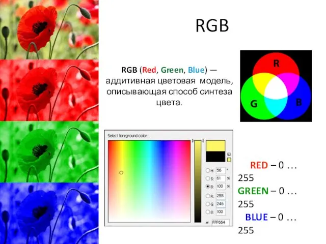 RGB RGB (Red, Green, Blue) — аддитивная цветовая модель, описывающая способ