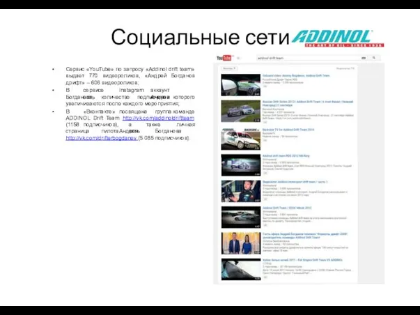 Социальные сети • Сервис «YouTube» по запросу «Addinol drift team» выдает