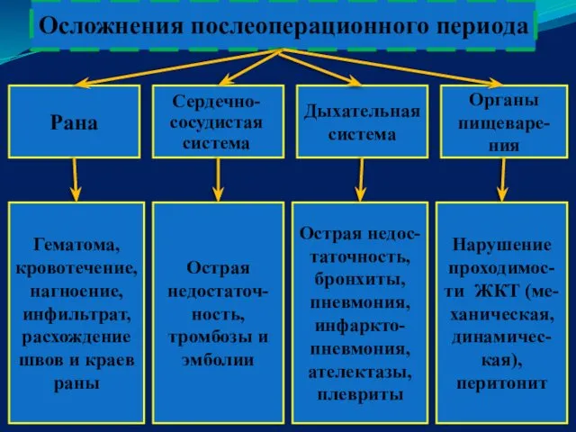 Осложнения послеоперационного периода Рана Сердечно-сосудистая система Дыхательная система Органы пищеваре-ния Гематома,