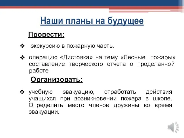 Наши планы на будущее Провести: экскурсию в пожарную часть. операцию «Листовка»