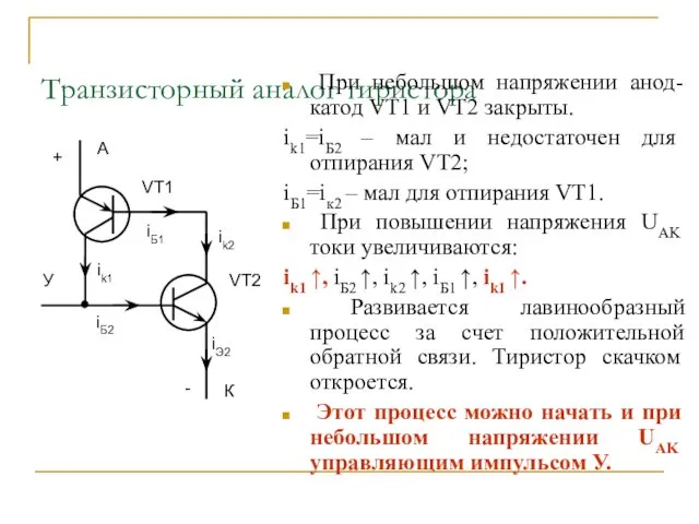 Транзисторный аналог тиристора При небольшом напряжении анод-катод VT1 и VT2 закрыты.