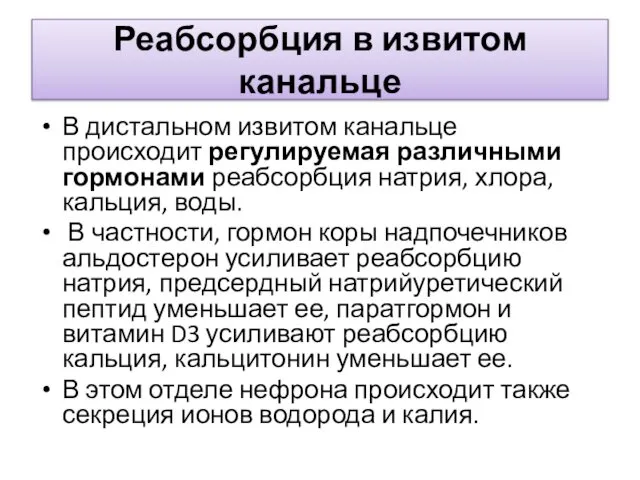 Реабсорбция в извитом канальце В дистальном извитом канальце происходит регулируемая различными