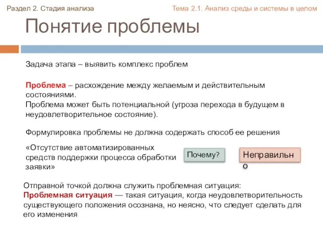 Понятие проблемы Раздел 2. Стадия анализа Формулировка проблемы не должна содержать