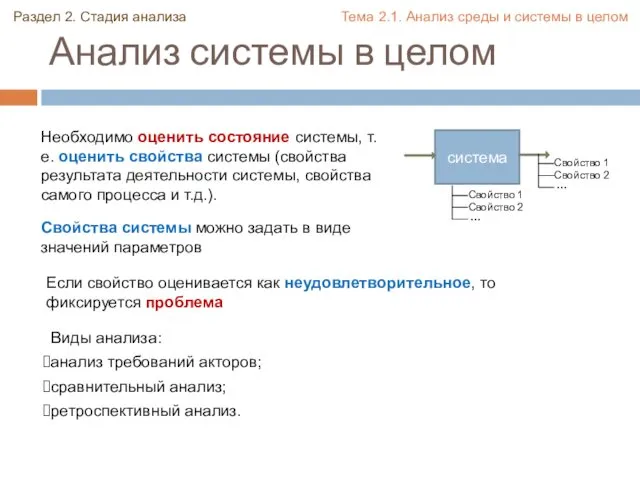 Анализ системы в целом Раздел 2. Стадия анализа Необходимо оценить состояние