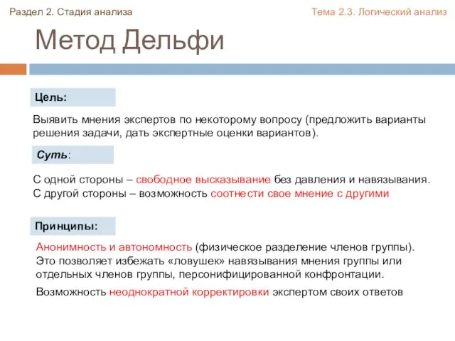 Метод Дельфи Анонимность и автономность (физическое разделение членов группы). Это позволяет