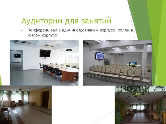 Аудитории для занятий Конференц-зал в административном корпусе, холлы в жилом корпусе