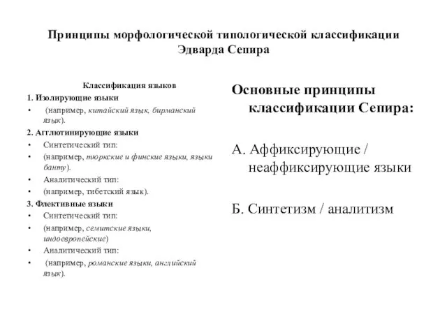 Принципы морфологической типологической классификации Эдварда Сепира Классификация языков 1. Изолирующие языки