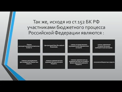 Так же, исходя из ст.152 БК РФ участниками бюджетного процесса Российской Федерации являются :