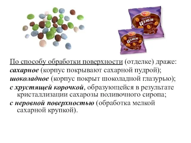 По способу обработки поверхности (отделке) драже: сахарное (корпус покрывают сахарной пудрой);