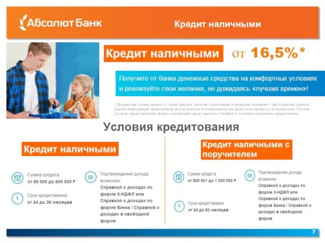 Кредит наличными от 16,5%* * Процентная ставка зависит от срока кредита,