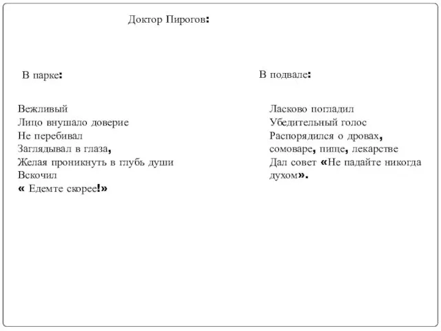Доктор Пирогов: В парке: Вежливый Лицо внушало доверие Не перебивал Заглядывал