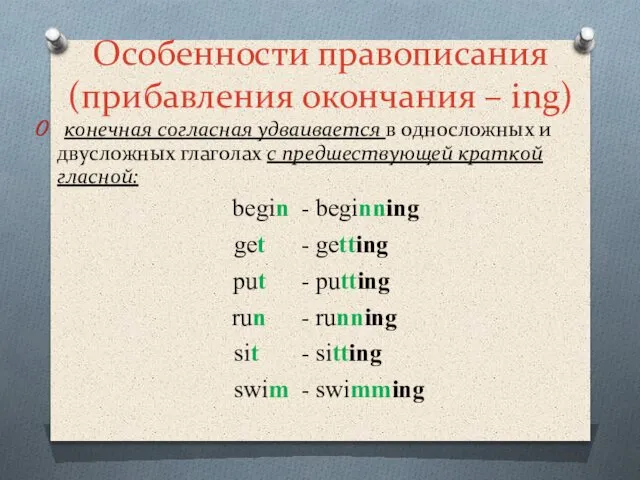 Особенности правописания (прибавления окончания – ing) конечная согласная удваивается в односложных