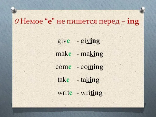 Немое “e” не пишется перед – ing