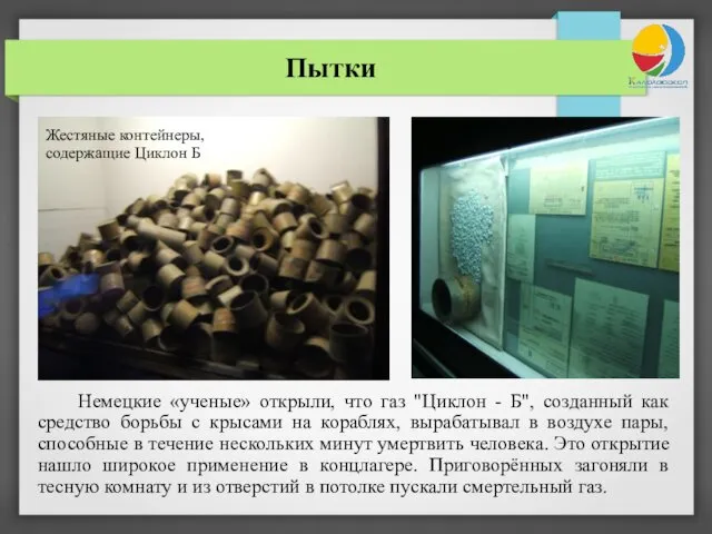 Пытки Жестяные контейнеры, содержащие Циклон Б Немецкие «ученые» открыли, что газ