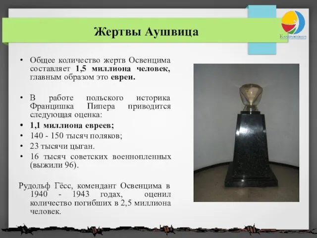 Жертвы Аушвица Общее количество жертв Освенцима составляет 1,5 миллиона человек, главным