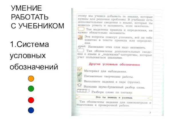 УМЕНИЕ РАБОТАТЬ С УЧЕБНИКОМ 1.Система условных обозначений