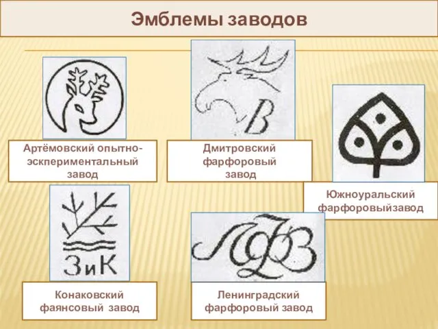 Артёмовский опытно-эскпериментальный завод Дмитровский фарфоровый завод Конаковский фаянсовый завод Южноуральский фарфоровыйзавод Ленинградский фарфоровый завод Эмблемы заводов