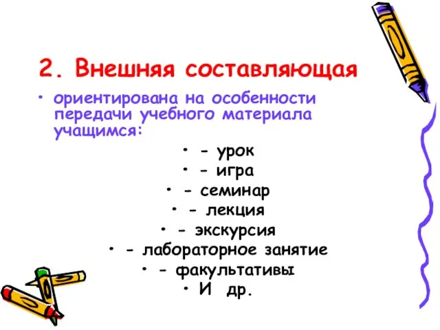 2. Внешняя составляющая ориентирована на особенности передачи учебного материала учащимся: -