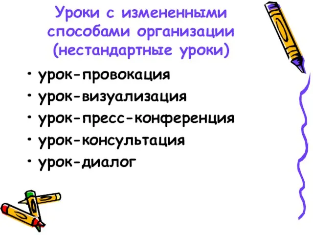 Уроки с измененными способами организации (нестандартные уроки) урок-провокация урок-визуализация урок-пресс-конференция урок-консультация урок-диалог