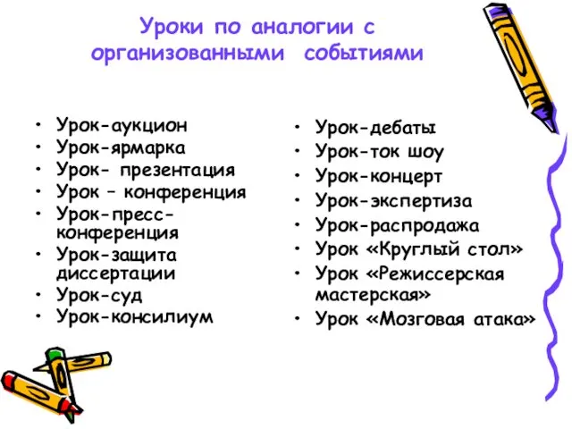 Уроки по аналогии с организованными событиями Урок-аукцион Урок-ярмарка Урок- презентация Урок