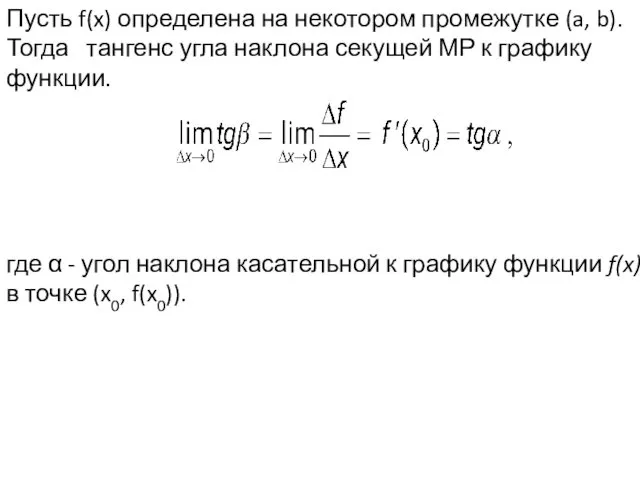 Пусть f(x) определена на некотором промежутке (a, b). Тогда тангенс угла