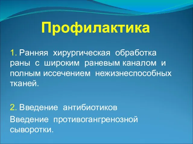 Профилактика 1. Ранняя хирургическая обработка раны с широким раневым каналом и