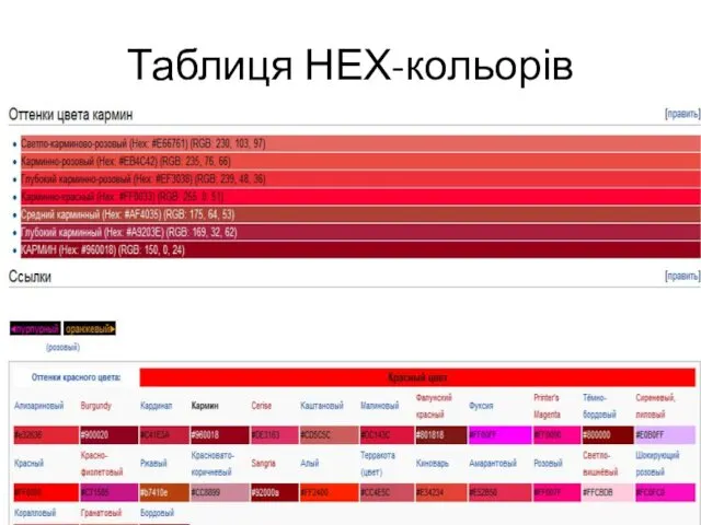 Таблиця НЕХ-кольорів (С) Шевченко В. Е., 2014