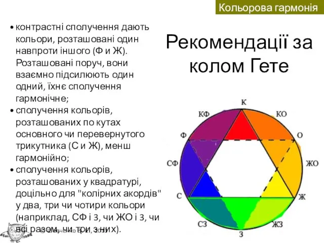 Рекомендації за колом Гете контрастні сполучення дають кольори, розташовані один навпроти