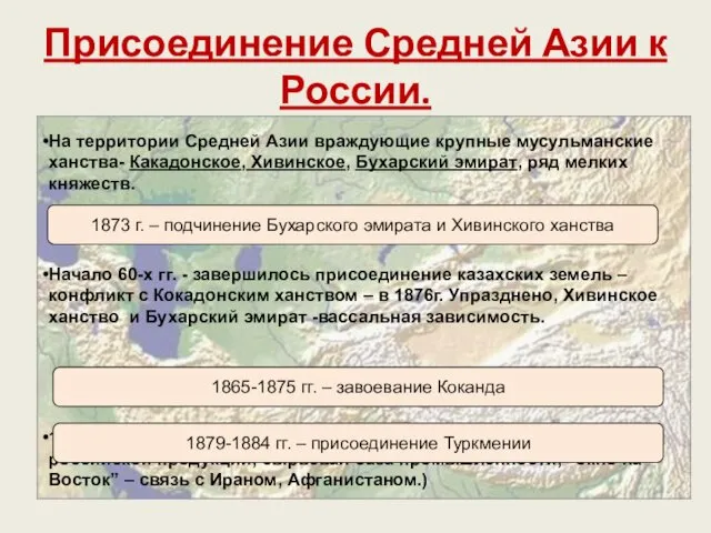 Присоединение Средней Азии к России. На территории Средней Азии враждующие крупные