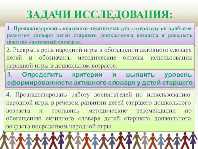 ЗАДАЧИ ИССЛЕДОВАНИЯ: 1. Проанализировать психолого-педагогическую литературу по проблеме развития словаря детей