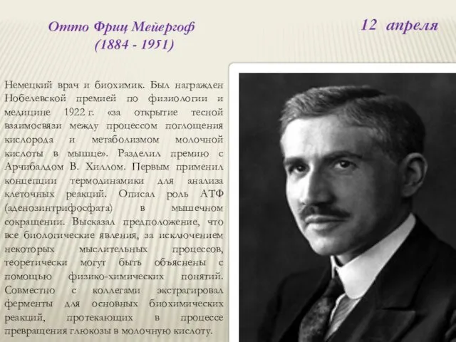 12 апреля Отто Фриц Мейергоф (1884 - 1951) Немецкий врач и