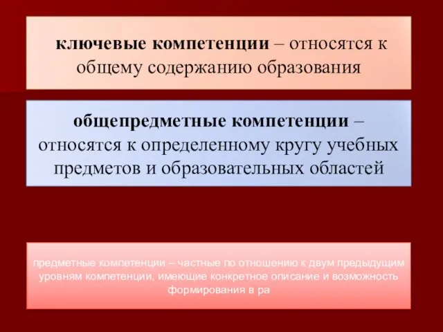 предметные компетенции – частные по отношению к двум предыдущим уровням компетенции,