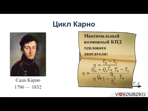 Цикл Карно Сади Карно 1796 — 1832 Максимальный возможный КПД теплового двигателя: