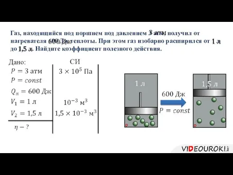 Газ, находящийся под поршнем под давлением 3 атм, получил от нагревателя