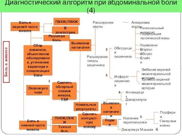 Сбор анамнеза, обьективное обследование, уточнение характера и локализация боли Разлитая боль