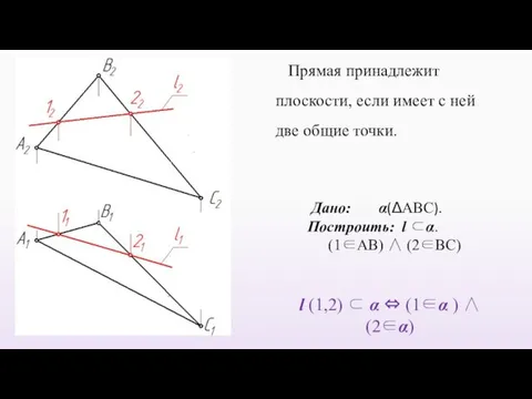 Прямая принадлежит плоскости, если имеет с ней две общие точки. l