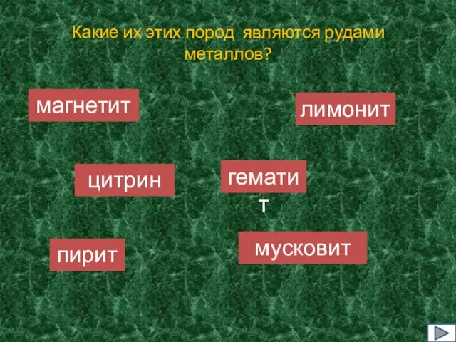 Какие их этих пород являются рудами металлов? магнетит цитрин пирит гематит лимонит мусковит