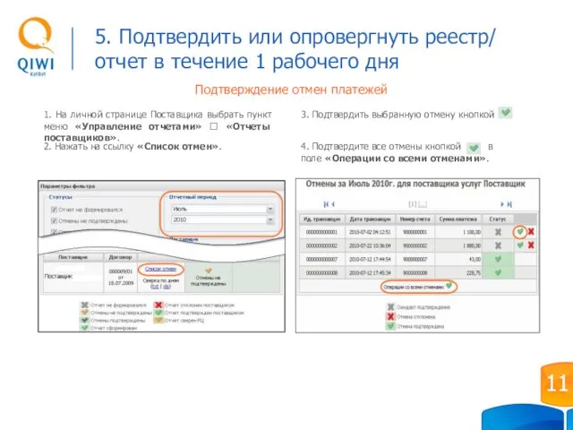 Подтверждение отмен платежей 1. На личной странице Поставщика выбрать пункт меню