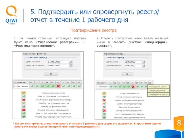 5. Подтвердить или опровергнуть реестр/ отчет в течение 1 рабочего дня