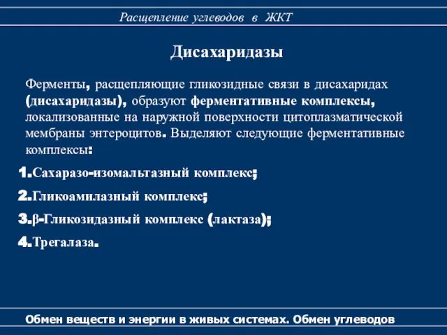 Дисахаридазы Ферменты, расщепляющие гликозидные связи в дисахаридах (дисахаридазы), образуют ферментативные комплексы,