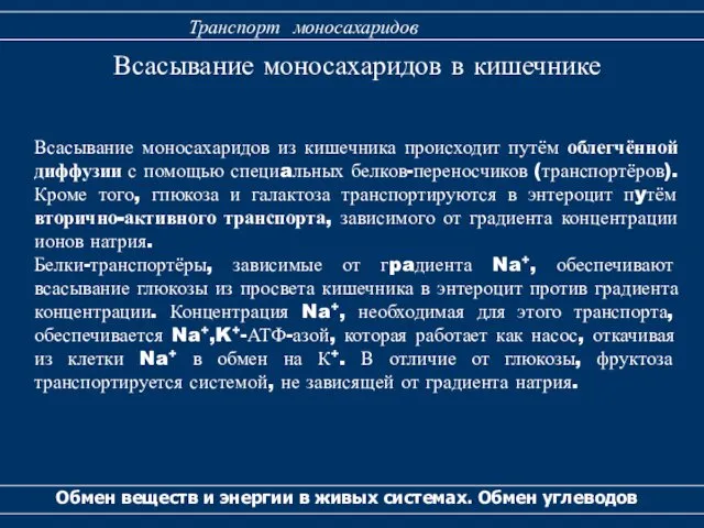 Всасывание моносахаридов в кишечнике Обмен веществ и энергии в живых системах.