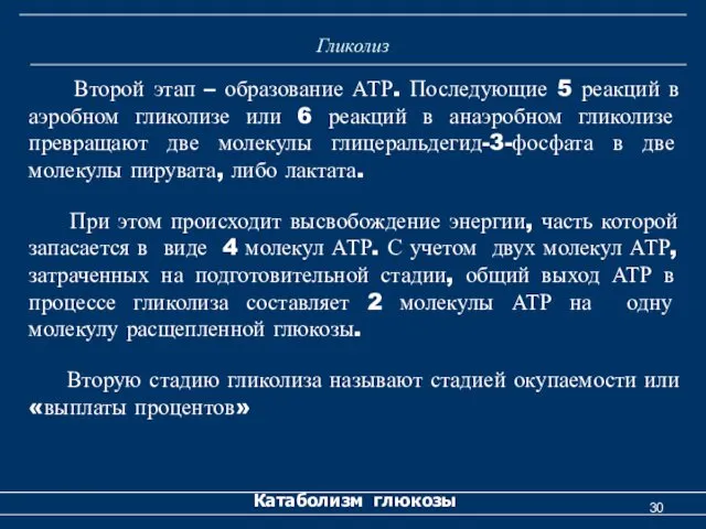 Гликолиз Второй этап – образование АТР. Последующие 5 реакций в аэробном