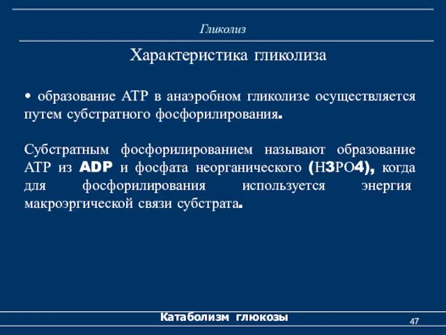 Гликолиз Катаболизм глюкозы Характеристика гликолиза • образование АТР в анаэробном гликолизе