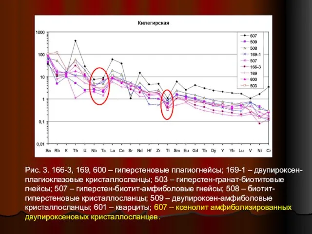 Рис. 3. 166-3, 169, 600 – гиперстеновые плагиогнейсы; 169-1 – двупироксен-плагиоклазовые