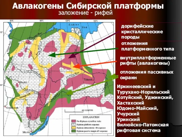 Авлакогены Сибирской платформы заложение - рифей Иркинеевский и Турухано-Норильский Котуйский, Уджинский,