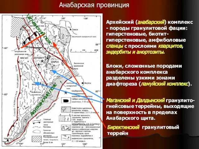 Архейский (анабарский) комплекс - породы гранулитовой фации: гиперстеновые, биотит-гиперстеновые, амфиболовые сланцы