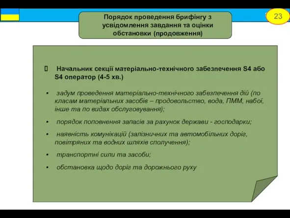 Начальник секції матеріально-технічного забезпечення S4 або S4 оператор (4-5 хв.) задум