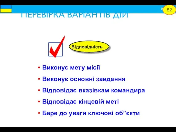 Виконує мету місії Виконує основні завдання Відповідає вказівкам командира Відповідає кінцевій