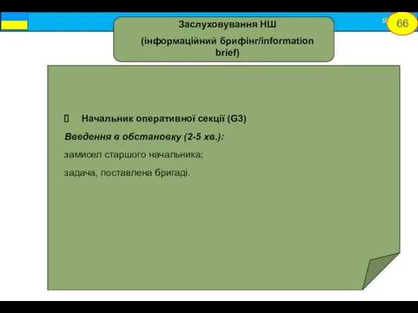 Начальник оперативної секції (G3) Введення в обстановку (2-5 хв.): замисел старшого начальника; задача, поставлена бригаді. 66