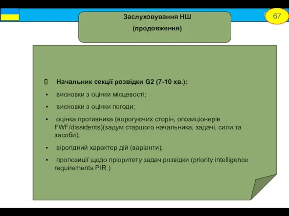 Начальник секції розвідки G2 (7-10 хв.): висновки з оцінки місцевості; висновки